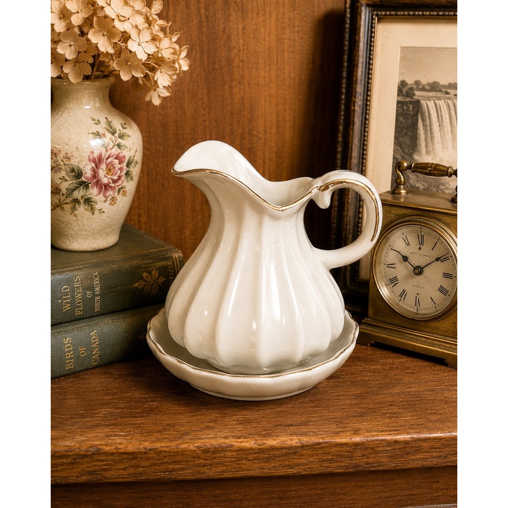 Watkins Vintage White Fluted Ceramic Pitcher and Saucer Set Gold Trim 4 Inch